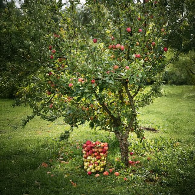 Pommier avec pommes rouges et jaunes, panier rempli de pommes récoltées, herbe verte en arrière-plan.